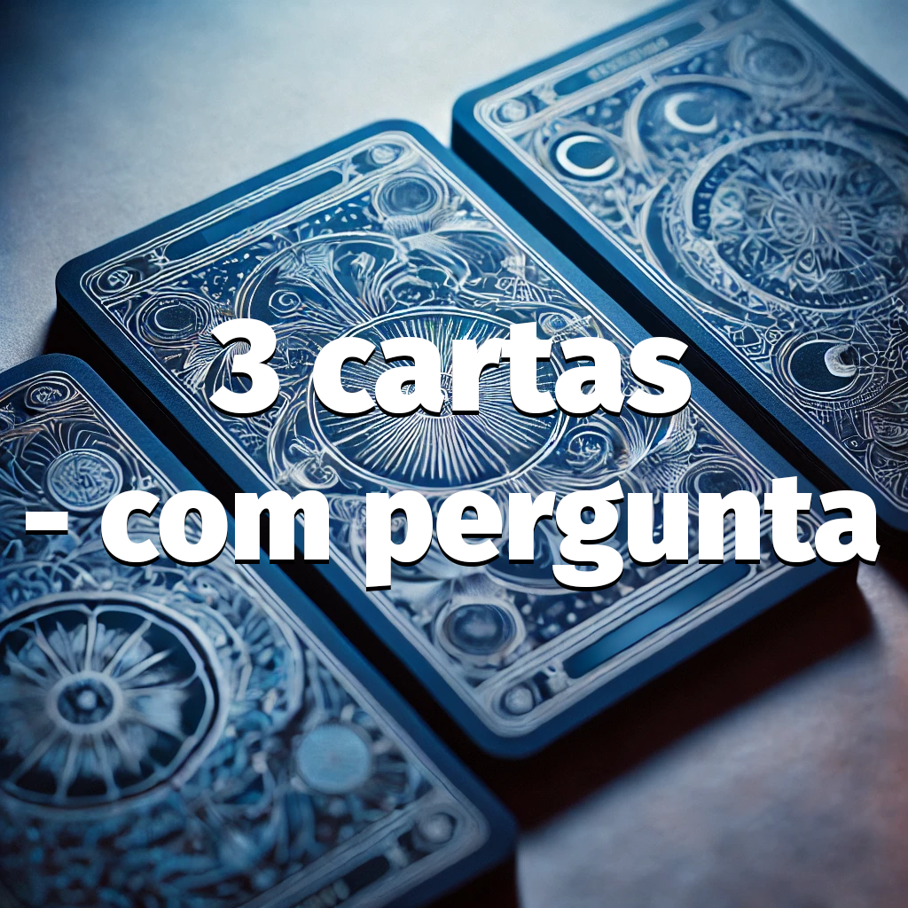 Três cartas de tarô viradas para baixo em uma superfície, com um design intrincado em tons de azul e prata nas costas das cartas. Sobre a imagem, está escrito o texto "3 cartas - com pergunta" em letras brancas grandes. A imagem transmite a ideia de uma leitura de tarô onde as cartas são usadas para responder a uma pergunta específica.