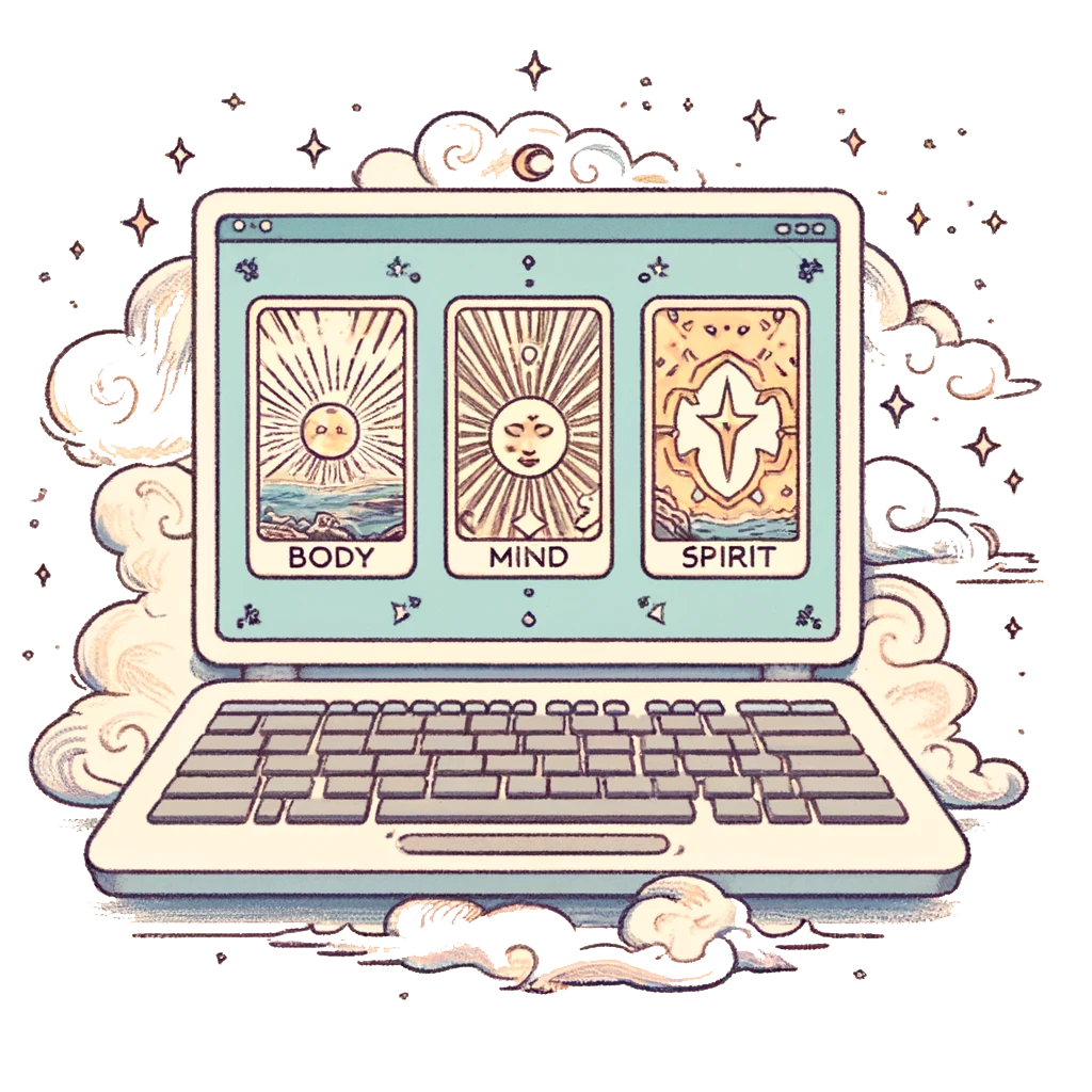 Ilustração de um laptop exibindo três cartas de tarot na tela, representando "Corpo", "Mente" e "Espírito". O laptop está cercado por nuvens e estrelas, sugerindo uma conexão mística ou espiritual com a leitura de tarot online.