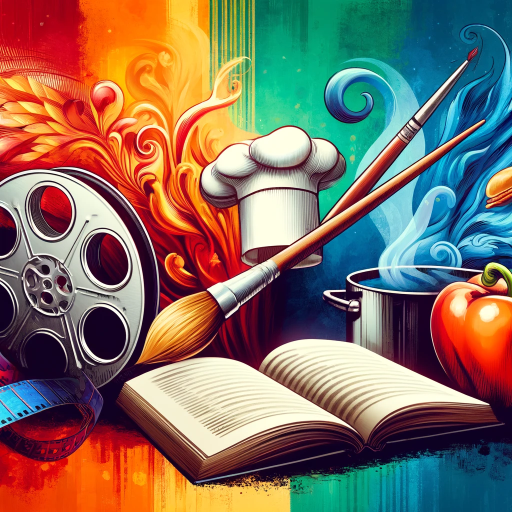 Imagem colorida com elementos que representam diferentes atividades cotidianas, como um rolo de filme, pincéis de pintura, um livro aberto, um chapéu de chef, uma panela e ingredientes culinários. As cores vibrantes e os elementos artísticos sugerem uma fusão criativa de cinema, arte, literatura e culinária, simbolizando a diversidade de escolhas no dia a dia.