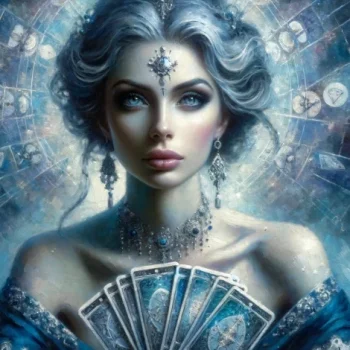 Uma mulher mística com longos cabelos grisalhos e um olhar intenso segura um baralho de cartas de tarot diante de si. Ela usa joias e um vestido azul com detalhes, cercada por um fundo repleto de símbolos astrológicos e estrelas. A imagem tem uma atmosfera onírica e sobrenatural, destacando seu papel como vidente ou cartomante.