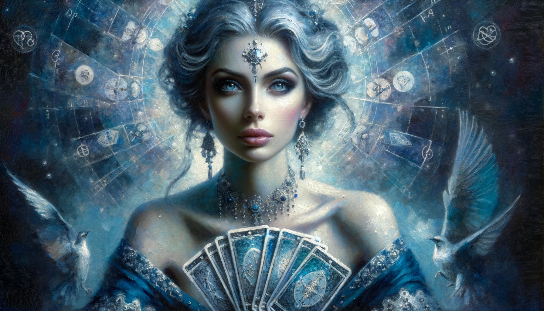 Uma mulher mística com longos cabelos grisalhos e um olhar intenso segura um baralho de cartas de tarot diante de si. Ela usa joias e um vestido azul com detalhes, cercada por um fundo repleto de símbolos astrológicos e estrelas. A imagem tem uma atmosfera onírica e sobrenatural, destacando seu papel como vidente ou cartomante.