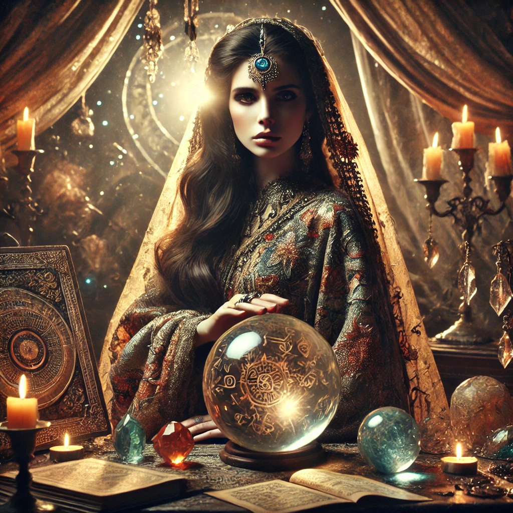 Uma mulher mística, vestida com roupas ornamentadas e joias, está sentada em uma mesa cercada por livros antigos, cristais e velas acesas. Em frente a ela, há uma bola de cristal com símbolos esotéricos gravados. O ambiente é iluminado por uma luz suave, criando uma atmosfera mágica e enigmática, sugerindo que ela é uma vidente ou oráculo mergulhada em práticas de adivinhação.