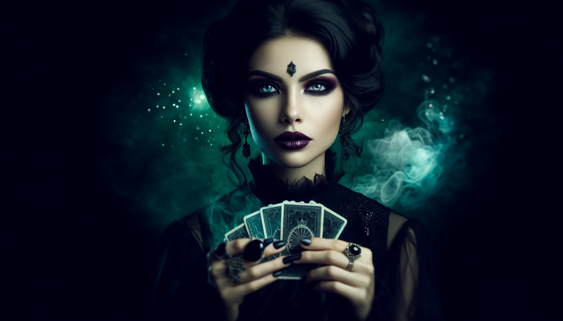 Uma mulher com um visual sombrio e enigmático segura cartas de tarot em suas mãos. Ela tem um olhar penetrante, maquiagem escura e acessórios góticos, enquanto uma névoa verde misteriosa envolve o ambiente ao seu redor. A imagem evoca uma atmosfera mística e sobrenatural, sugerindo que ela é uma vidente ou bruxa poderosa.