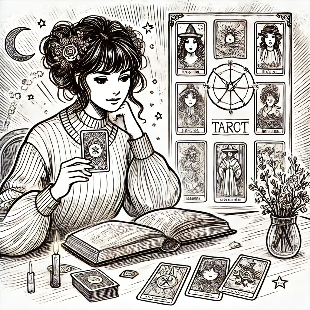 Ilustração de uma mulher jovem segurando uma carta de tarot, sentada à mesa com um livro aberto e várias cartas de tarot espalhadas à sua frente. Ao fundo, há um painel com mais cartas de tarot dispostas em um formato de leitura, incluindo símbolos e um círculo astrológico. A imagem também inclui detalhes como velas acesas e flores em um vaso, criando uma atmosfera introspectiva e espiritual. A ilustração evoca a prática de leitura de tarot para iniciantes, destacando o uso de cartas e livros como ferramentas de orientação.