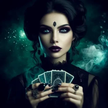 Uma mulher com um visual sombrio e enigmático segura cartas de tarot em suas mãos. Ela tem um olhar penetrante, maquiagem escura e acessórios góticos, enquanto uma névoa verde misteriosa envolve o ambiente ao seu redor. A imagem evoca uma atmosfera mística e sobrenatural, sugerindo que ela é uma vidente ou bruxa poderosa.