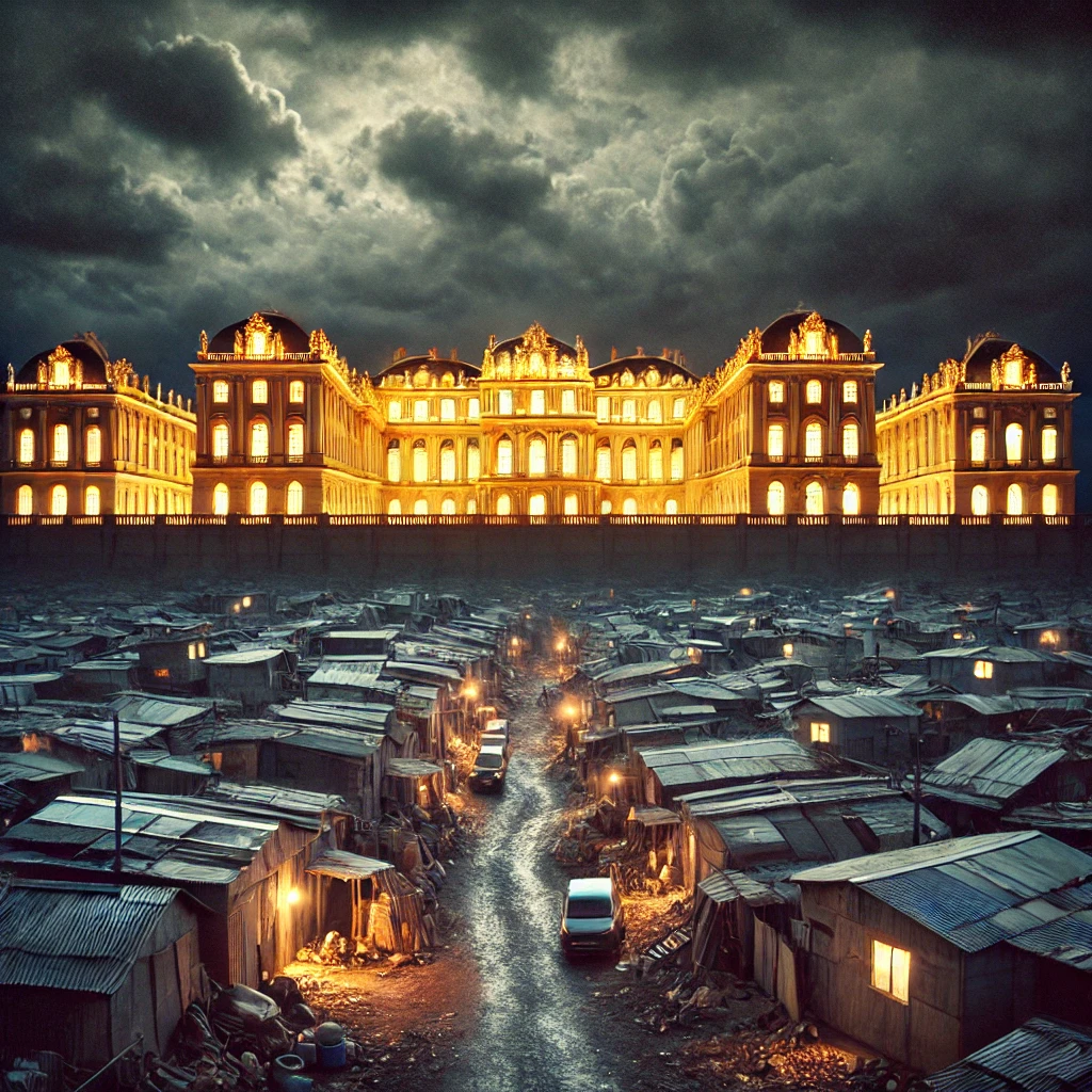 Uma imagem que mostra um contraste marcante entre riqueza e pobreza. No fundo, um imponente palácio iluminado, simbolizando opulência e poder. Em primeiro plano, um assentamento de favelas com barracos simples e escuros, iluminados apenas por algumas luzes fracas, representando condições de vida precárias. O céu nublado e sombrio reforça o contraste entre os dois mundos, sugerindo uma divisão profunda entre riqueza e pobreza.