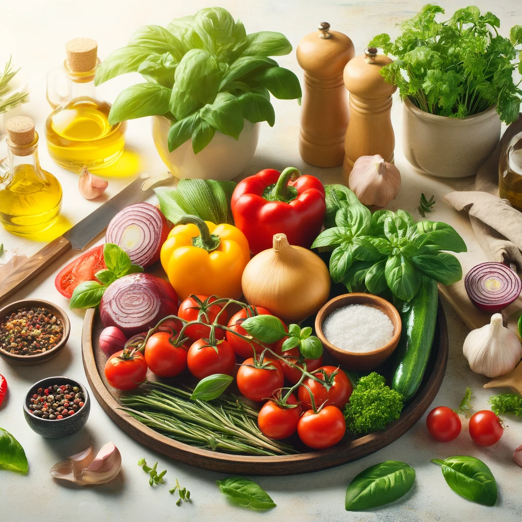 Imagem de vegetais frescos e ervas dispostos em uma mesa de cozinha. Os ingredientes incluem tomates, pimentões de várias cores, cebola, abobrinha, manjericão e salsa, junto com azeite de oliva, alho, sal e pimenta. A cena transmite a sensação de preparativos para cozinhar, com foco em ingredientes naturais e frescos.