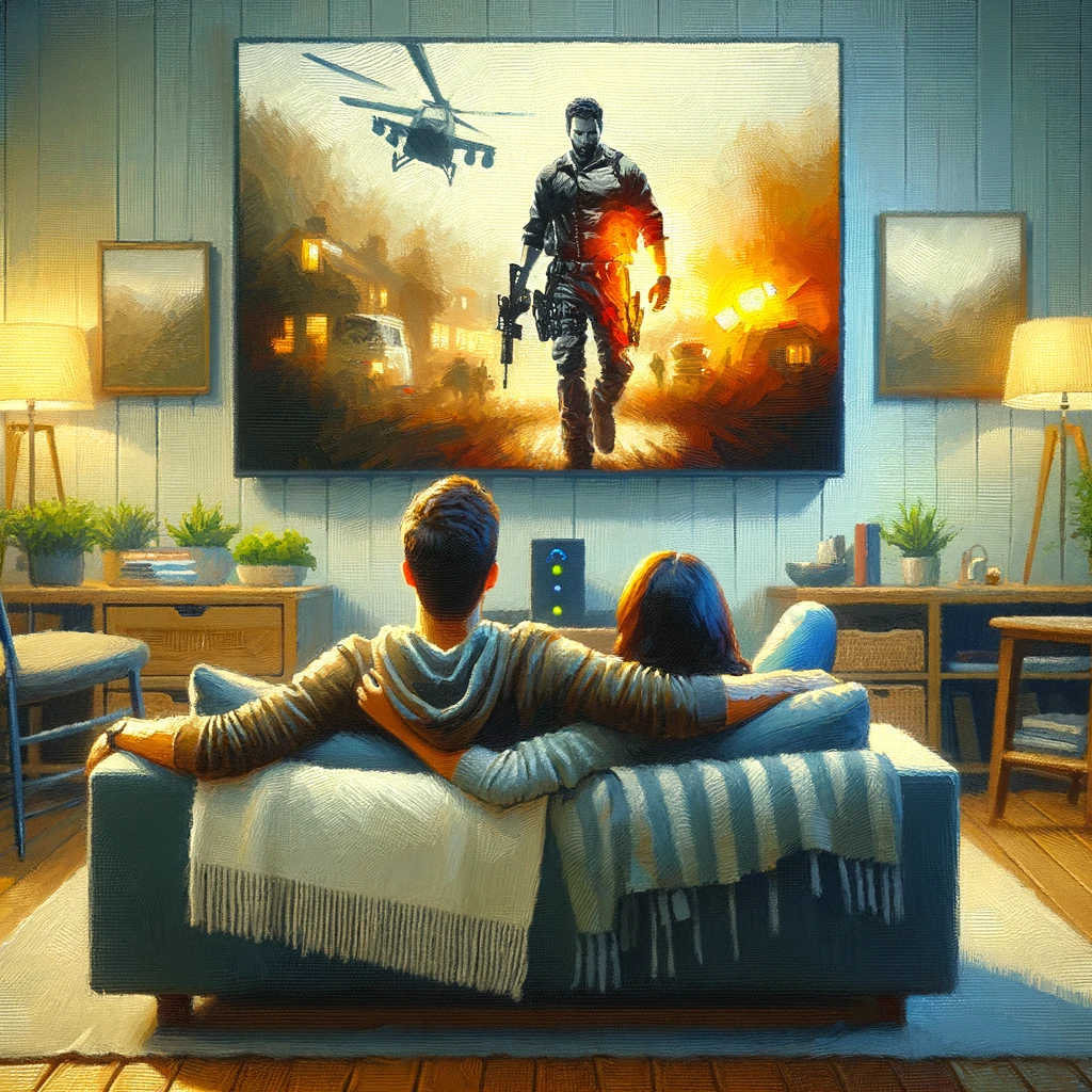 Um casal está sentado confortavelmente em um sofá assistindo a um filme de ação em uma grande tela de TV. O filme exibido tem um tema militar, com um soldado carregando armas, enquanto helicópteros e explosões aparecem ao fundo. A sala está decorada de forma acolhedora, com mantas macias, plantas e iluminação quente, criando uma atmosfera relaxante para a noite de cinema.